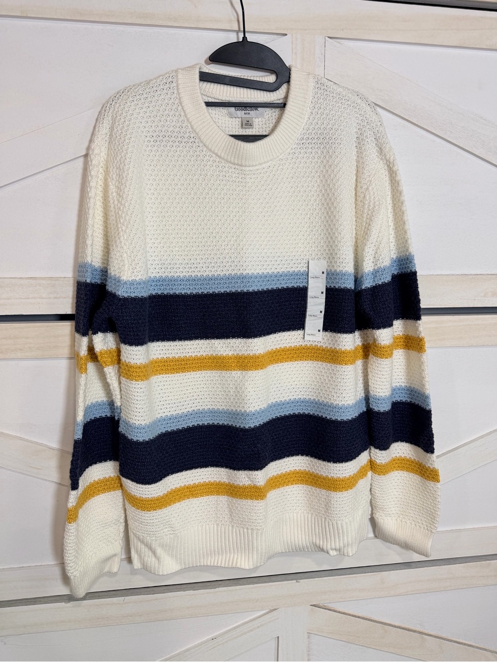 Goodfellow & Co Cream Crewneck Sweater with Navy, Light Blue & Gold Stripes